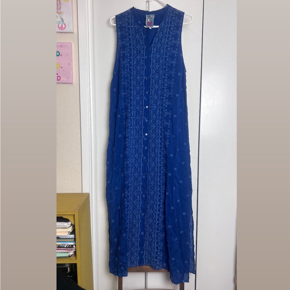 Johnny Was Sleeveless Embroidered Lace Eyelet Maxi Dress BLUE size LARGE